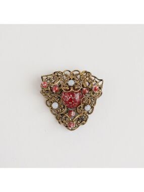 Gold Tone Ornate Filigree Brooch Red White Speckled Art Glass Cabochon